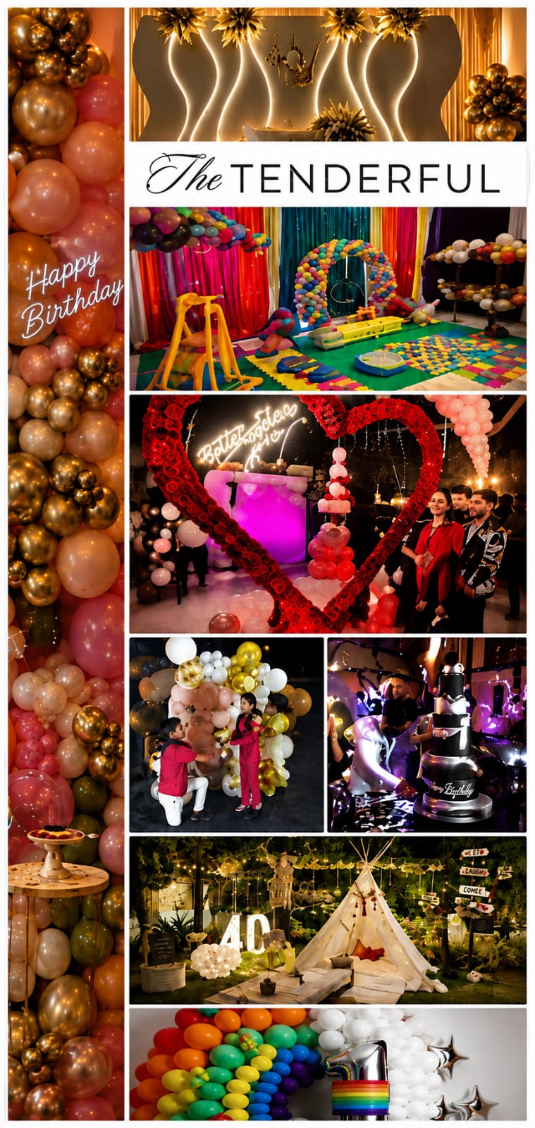 The Tenderful decoration and event planner collage - birthday, anniversary, kids party and rooftop decoration setups in Delhi